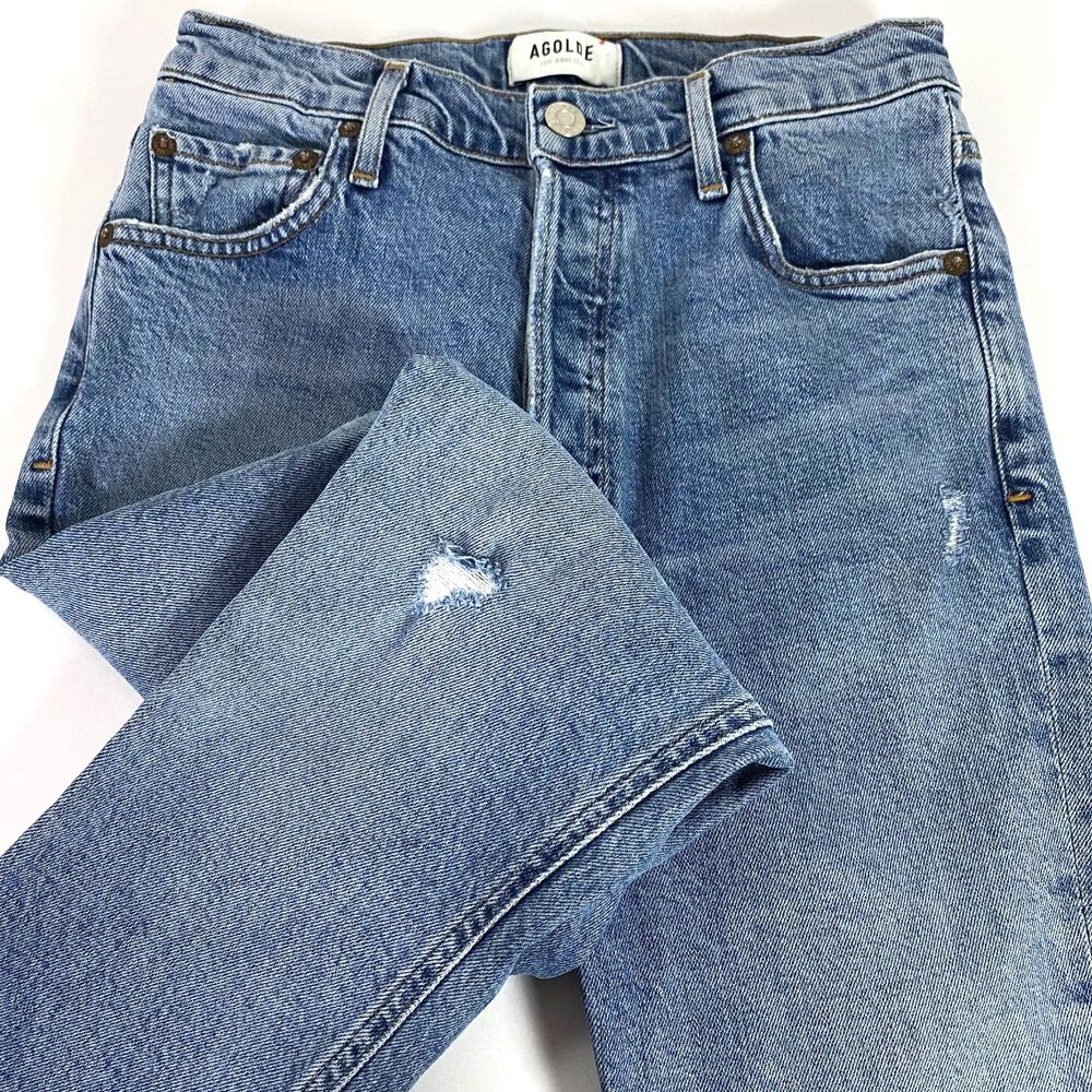 Agolde Nico Slim High Rise Jeans Womens Size 25 Blue Distressed Slits Button Fly